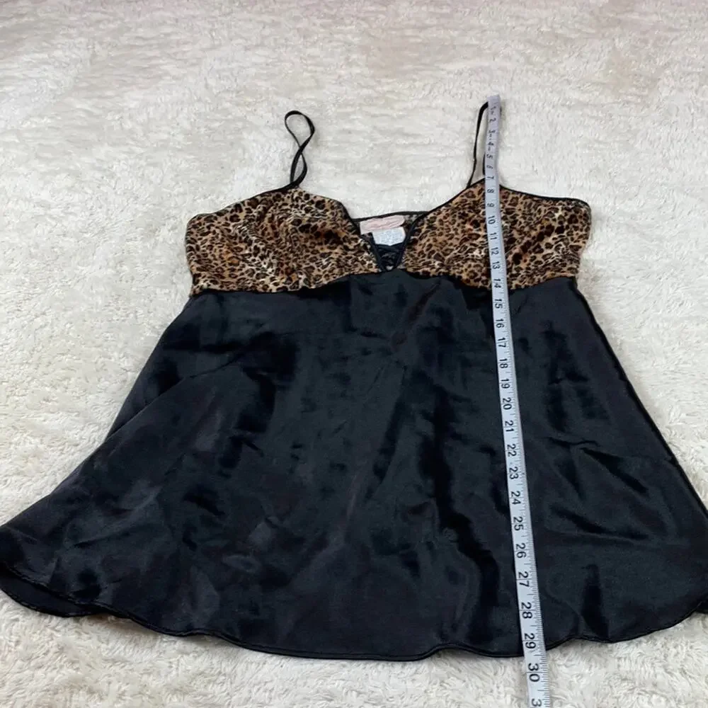 Vintage Angelique Leopard print and‎ black satin chemise slip, size Large - Picture 5 of 8